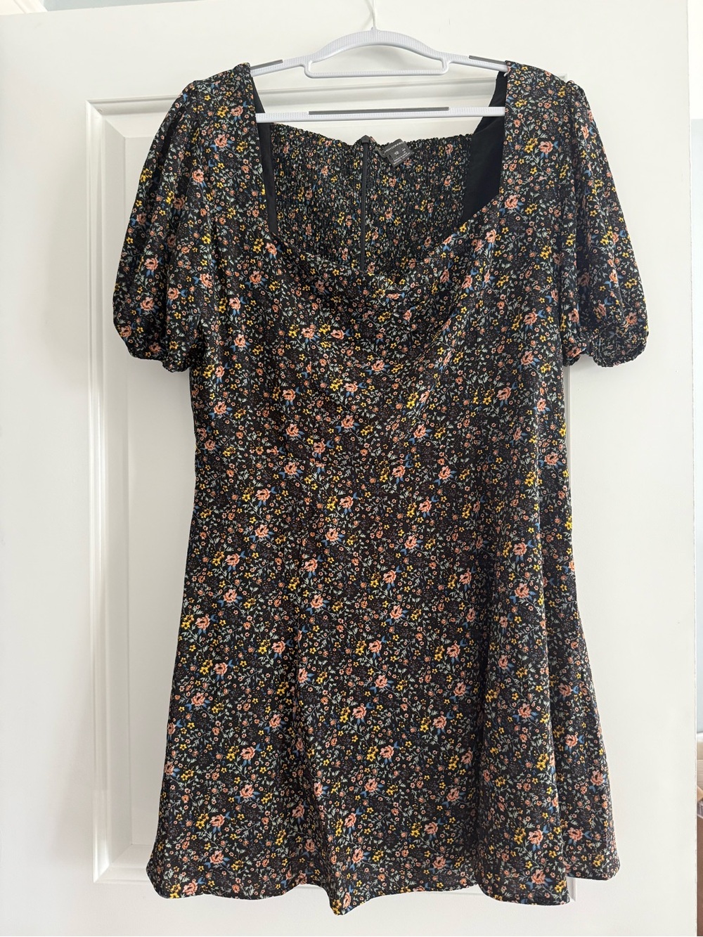 French Connection Black Floral Mini Dress with Puff Sleeves